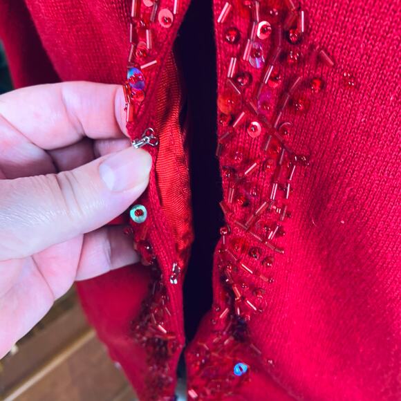 Vintage Size M Silk Cashmere Sequined Cardigan Sweater Red Holiday Christmas - Picture 8 of 14